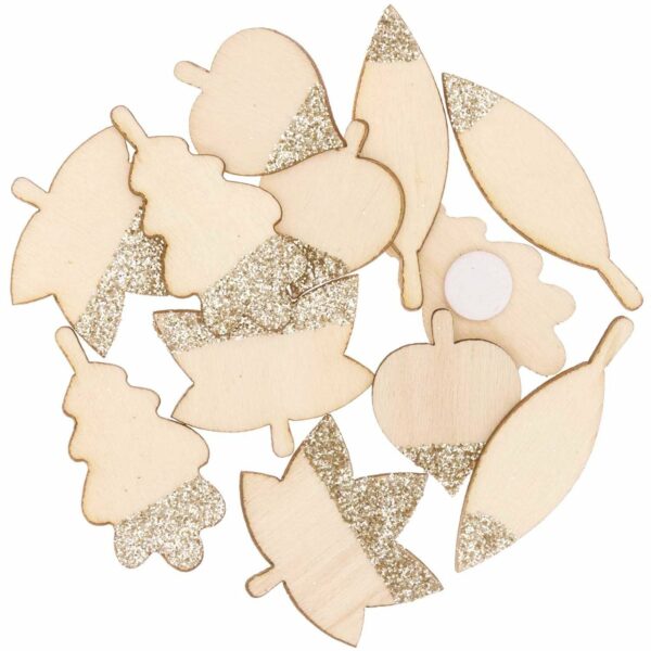 Ohhh! Lovely! Holzsticker Blätter Mix mit Glitter natur-gold 48 Stück